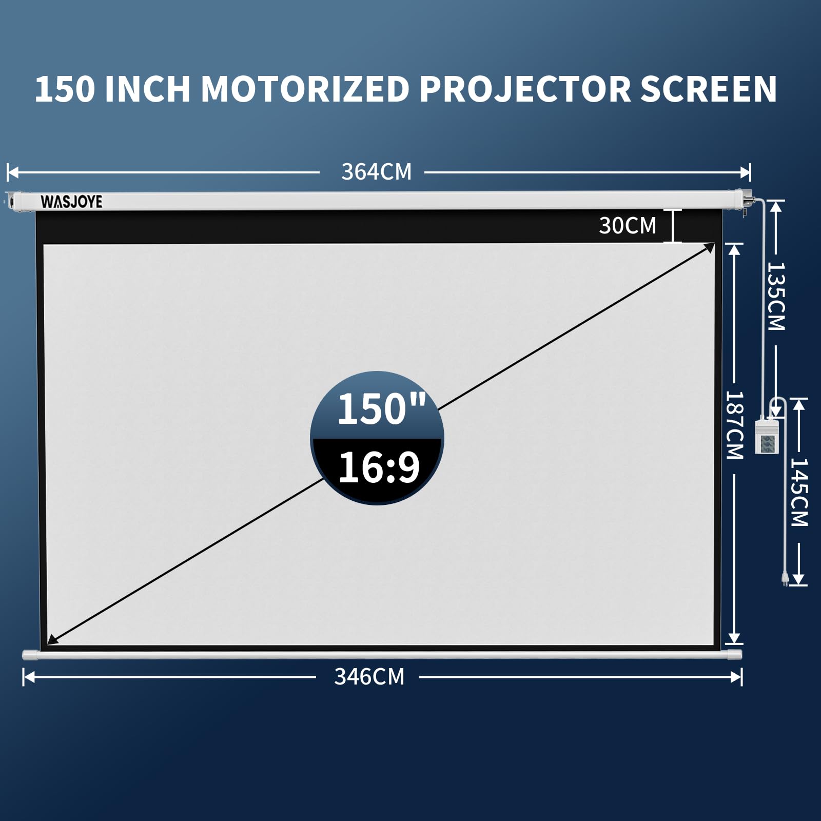 WASJOYE 150" Leinwand Beamer Elektrisch Diagonale Automatische Projektion 16:9 8K HD Filme Schirm für Heimkino Büro Videospiel Outdoor Indoor, Projector Screen W/Fernbedienung und Wand/Decke Mount
