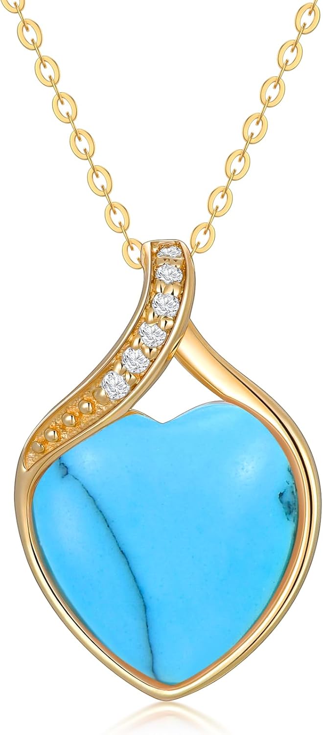 YDD 14k Solid Gold Turquoise Necklace for Women Heart Shape turquoise with Genuine Diamond Pendant Necklace Heart Necklace turquoise Jewelry Diamond Jewelry Gifts 16"-18"