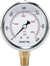 SENCTRL 0-600 Psi Glycerin Liquid Filled Pressure Gauge, 2.5" Dial Size, 1/4" NPT Lower Mount, Stainless Steel Case, for Air Gas Water Oil Hydraulic Pressure Test
