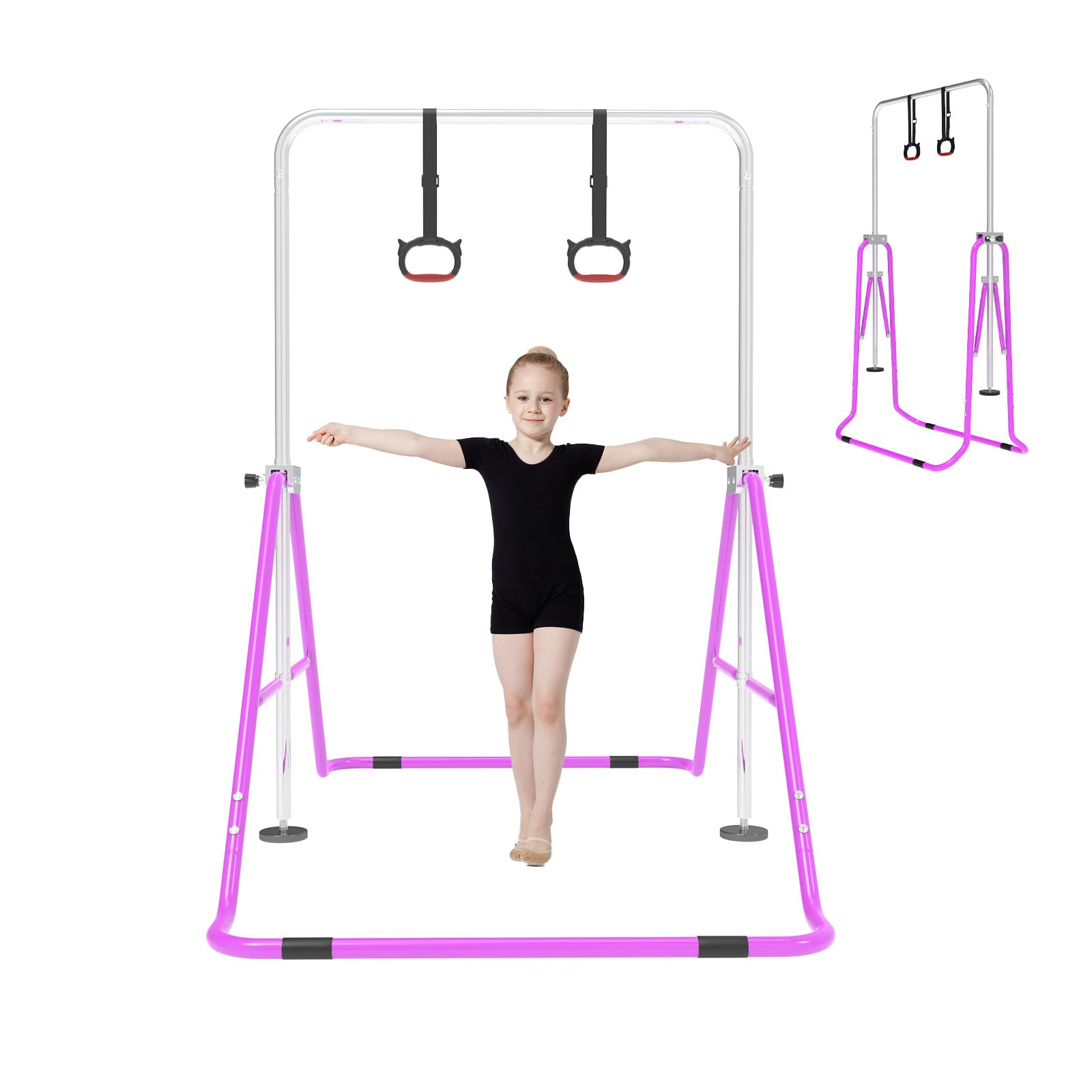 Barra de Gimnasia para Niños, Altura Ajustable y Plegable – con Anillos, Barra Horizontal para Interior, Equipo de Entrenamiento en Casa para Niñas y Niños