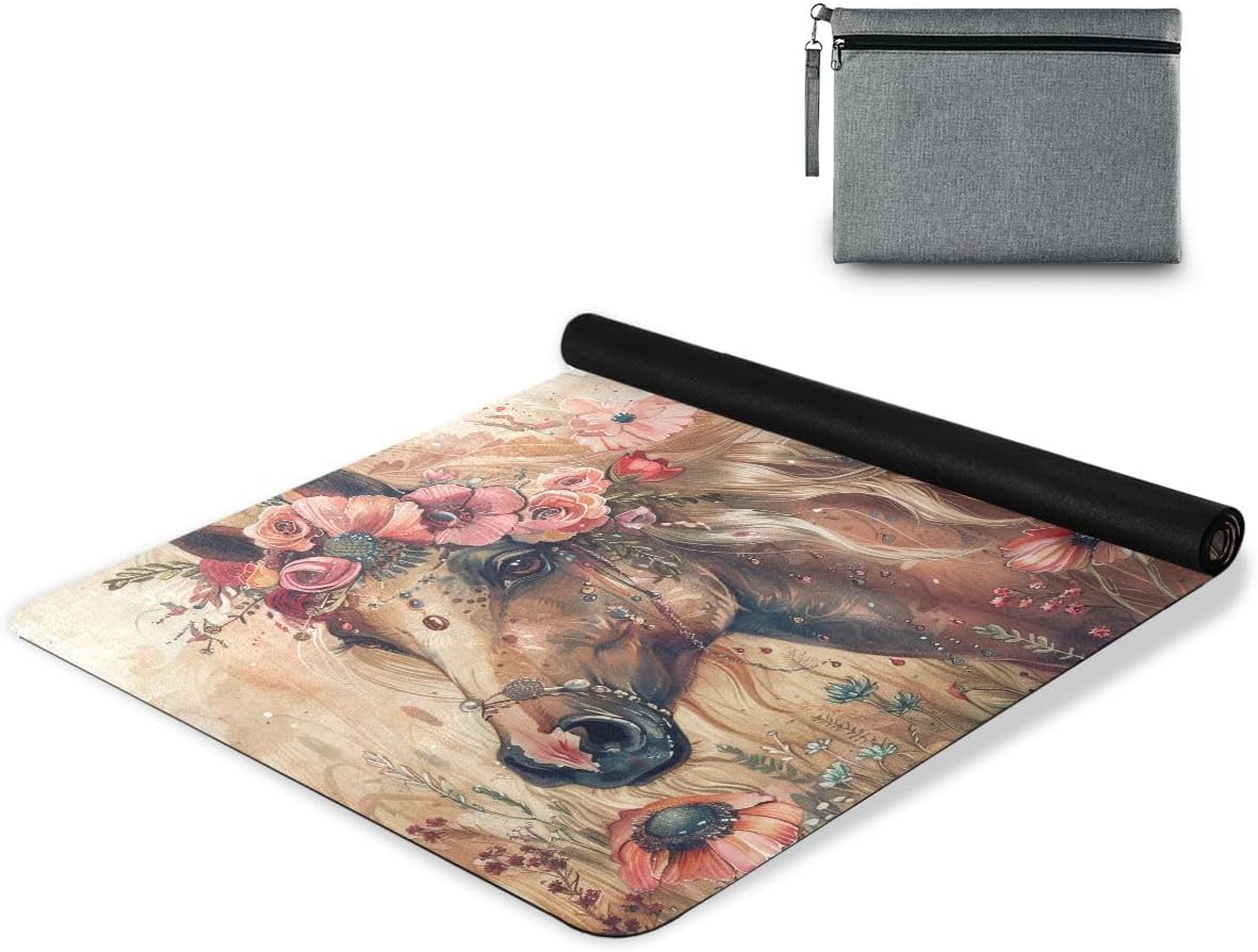 ALAZA Fashion Boho Chick Style Horse with Flowers Yoga Mat Non Slip Fitness Exercise Mat, Workout Mat for Yoga, Pilates and Floor Exercises