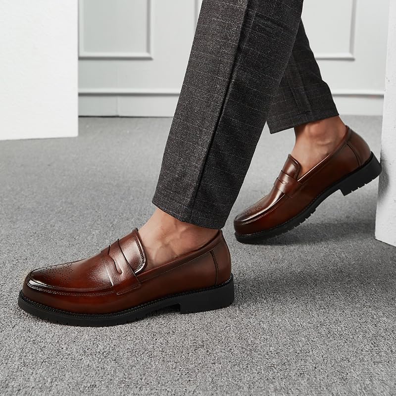 Image of HuitJours Men Two Tone Colors Penny Loafer Slip On Pull on Dress Shoes Casual Boat Shoes Moccasins