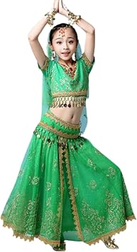 5pcs Girls Belly Dance Perfomance Costume Children Party Indian Dance Costumes Bollywood Kids Dresses,Green,XL [Energy Class A]