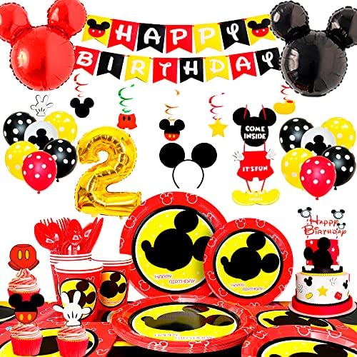 Mickey Mouse 2nd Birthday Party Supplies-126pcs 2nd Birthday Decorations for Boys Mickey Mouse-Mickey Mouse Birthday Plates Cups Napkins Tablecloth Banner Balloon Cake Topper etc Mickey Party Supplies