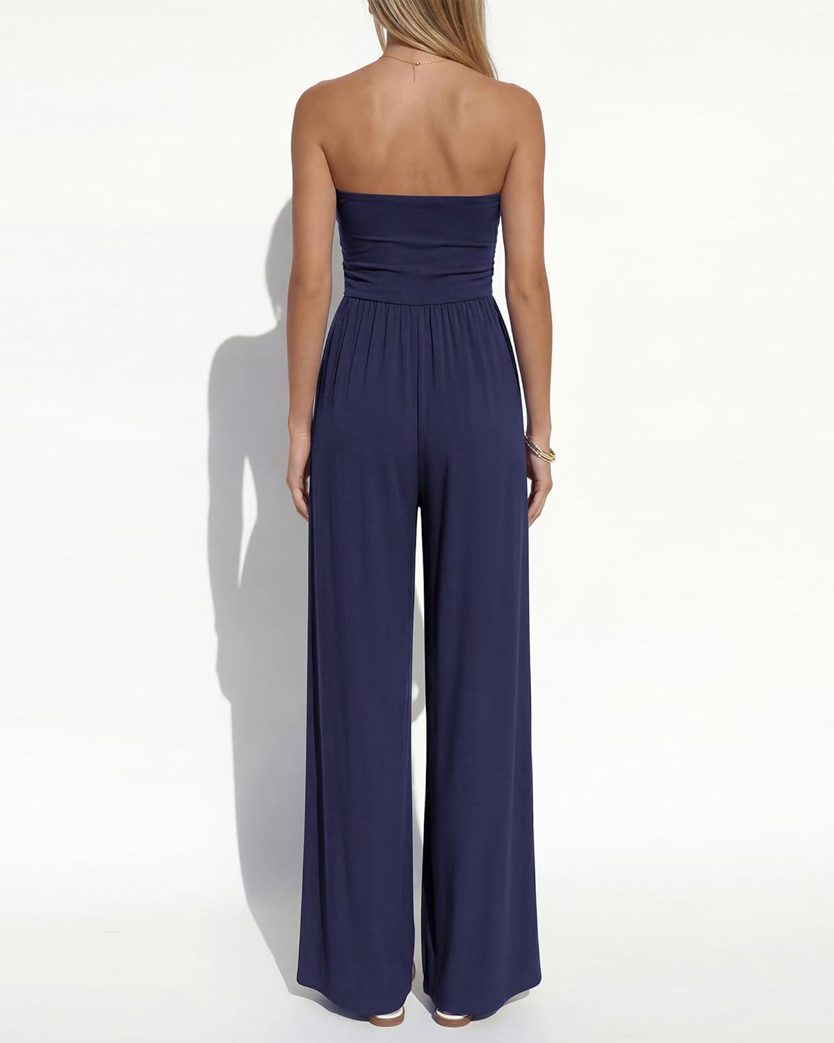 BTFBM Jumpsuits For Women Summer 2026 Beach Vacation Strapless Tube Top Jumpsuit Ruched Casual Wide Leg Pant Rompers