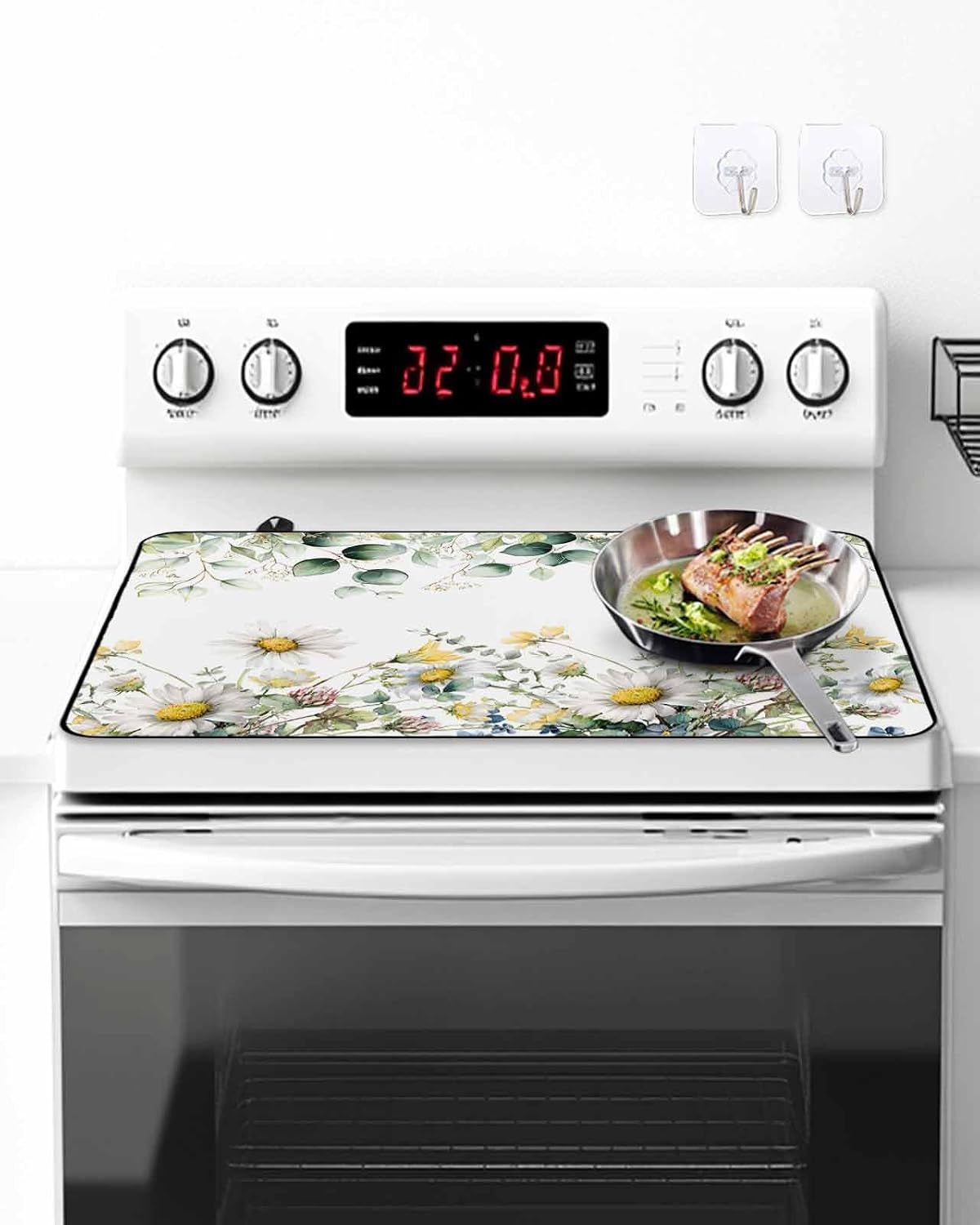 Stove Cover for Electric Stove 24x21 Inch Sage Green Leaf Daisy Stove Top Cover Flowers Plant Glass Cooktop Covers Anti-Slip & Heat Resistant Countertop Protector Home Kitchen Decor