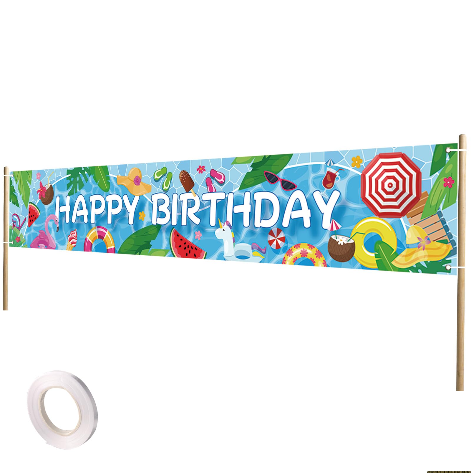 Pool Party Banner, 300x50cm/118x20in Summer Birthday Pool Decorations with Rope Large Size Party Backdrop Banner Supplies for Photography Props (Happy Birthday Style)