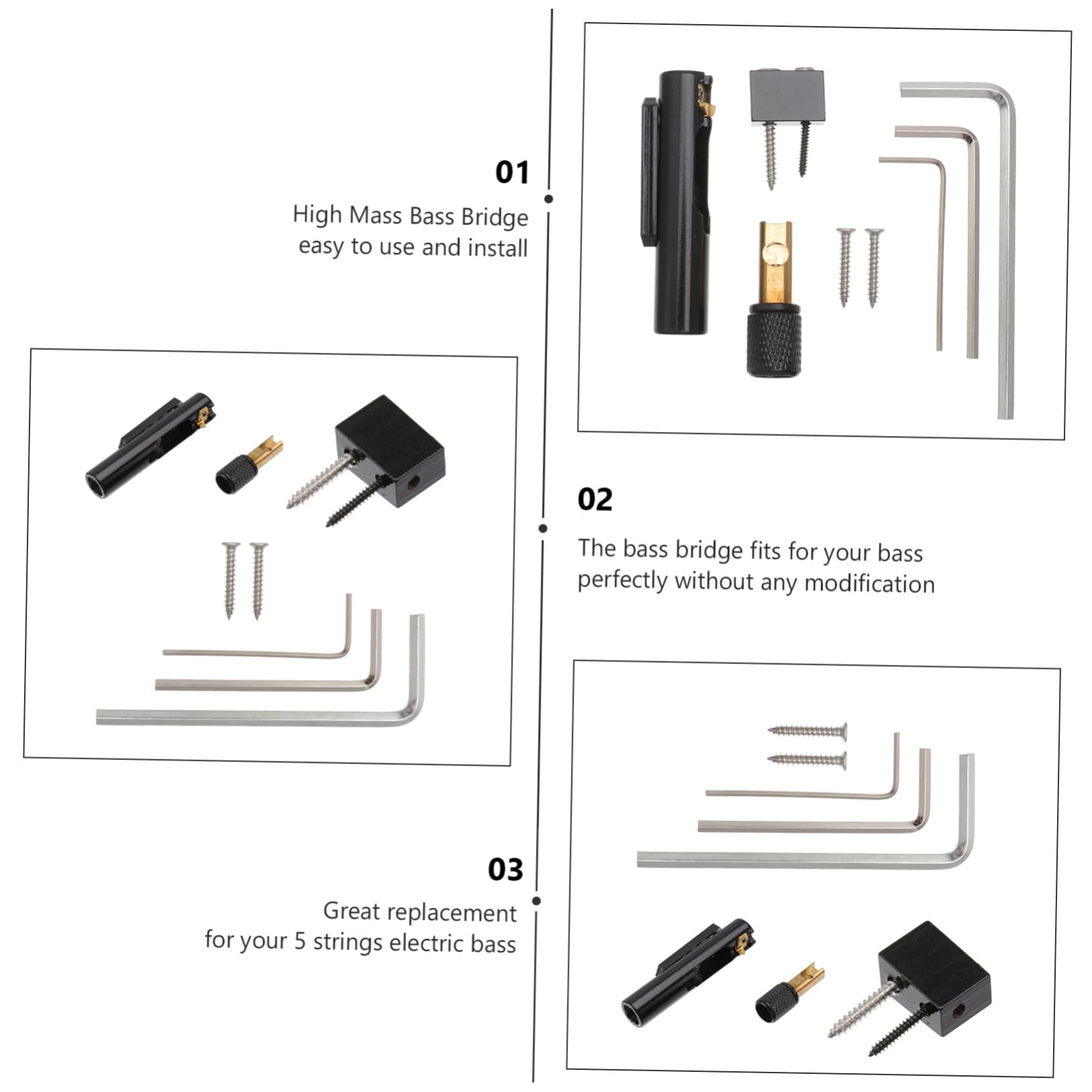 Ponte senza Testa per Basso Ga1121 Nero 5 Corde Metallo | Ricambio per Bassi e Chitarre Elettriche, Modello Ga1121, Facile da Usare, Set Singolo Rotondo