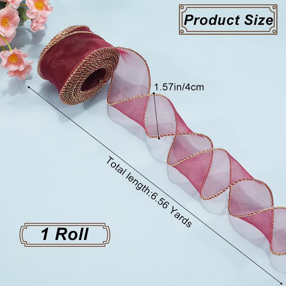 CRASPIRE 1-5/8” Wide Wine Red Gold Wired Organza Ribbon Sheer Tulle Gift Ribbon Handmade Christmas Chiffon Fabric 6.5Yd for Gift Wrapping Wedding Flower Bouquet Wreaths Crafts Hair Bow Party Holiday - Image 2