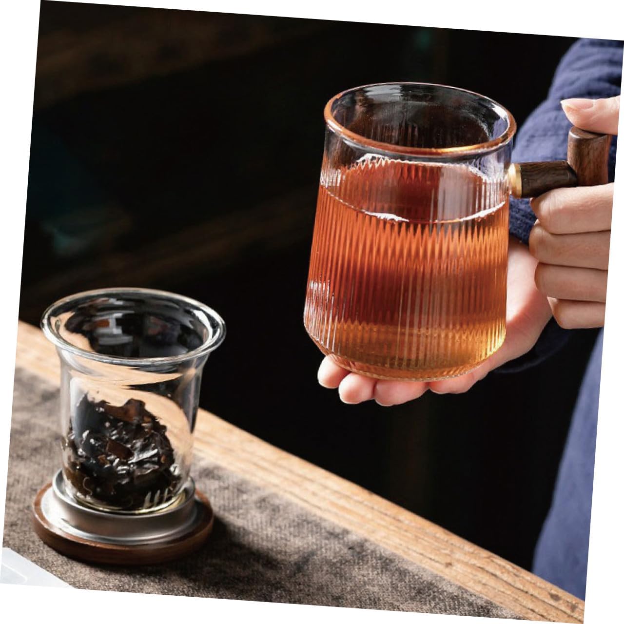 Glass Tea Cup Set with Infuser and Lid 380ml Vertical Ribbed Glass Mug with Handle for Home Brewing Loose Leaf Tea