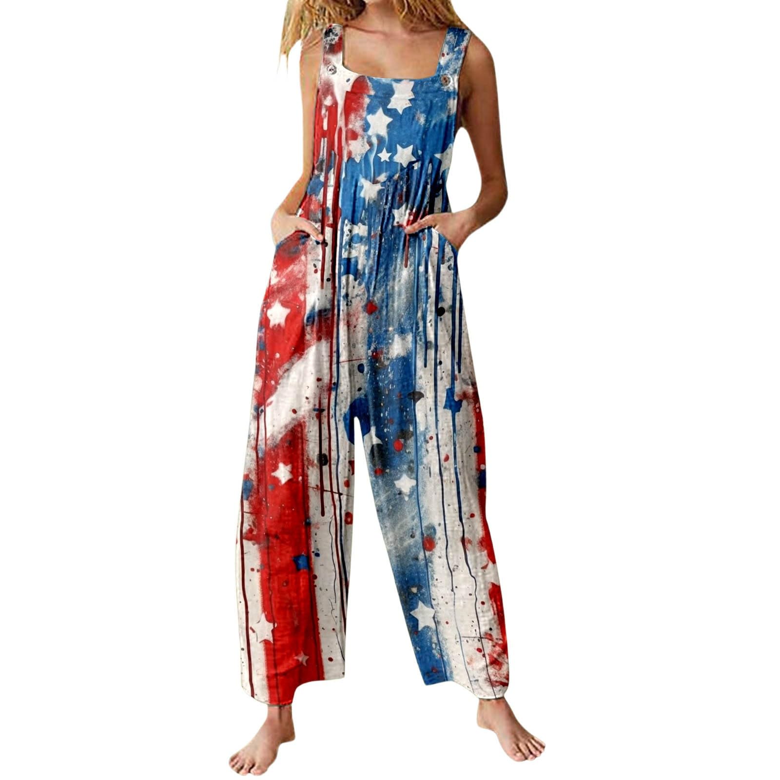 WWricotta Elegante mono con estampado de estrellas para el Día de la Independencia, con ajuste cómodo, mujer, sin mangas, pantalón corto, bolsillos, para un look festivo y despreocupado, verano