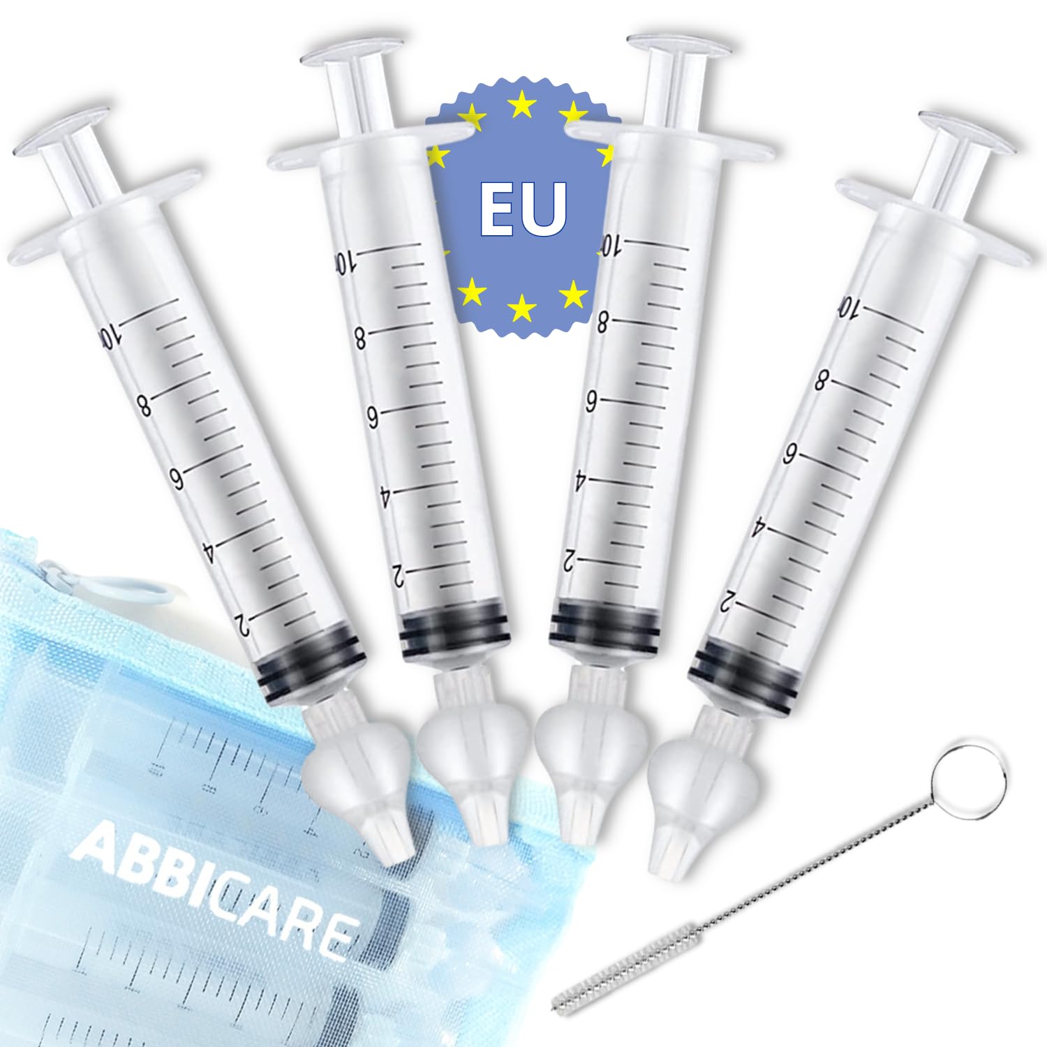 Jeringa lavado nasal bebe 10ml ABBICARE™ sin BPA-CE | Kit 4 jeringas con adaptador de silicona + 1 cepillo de limpieza | Kit puericultura suero fisiológico higiene nasal…