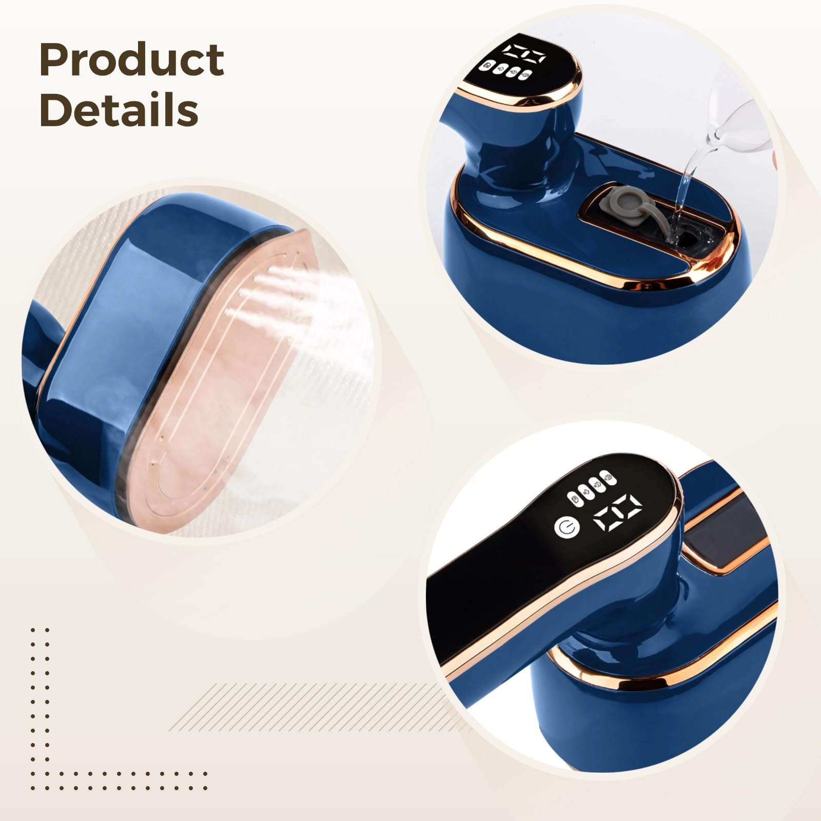 Touch Screen Led Handheld Travel Steamer Iron, Portable, Includes Water Cup, Storage Bag, Blue 110V