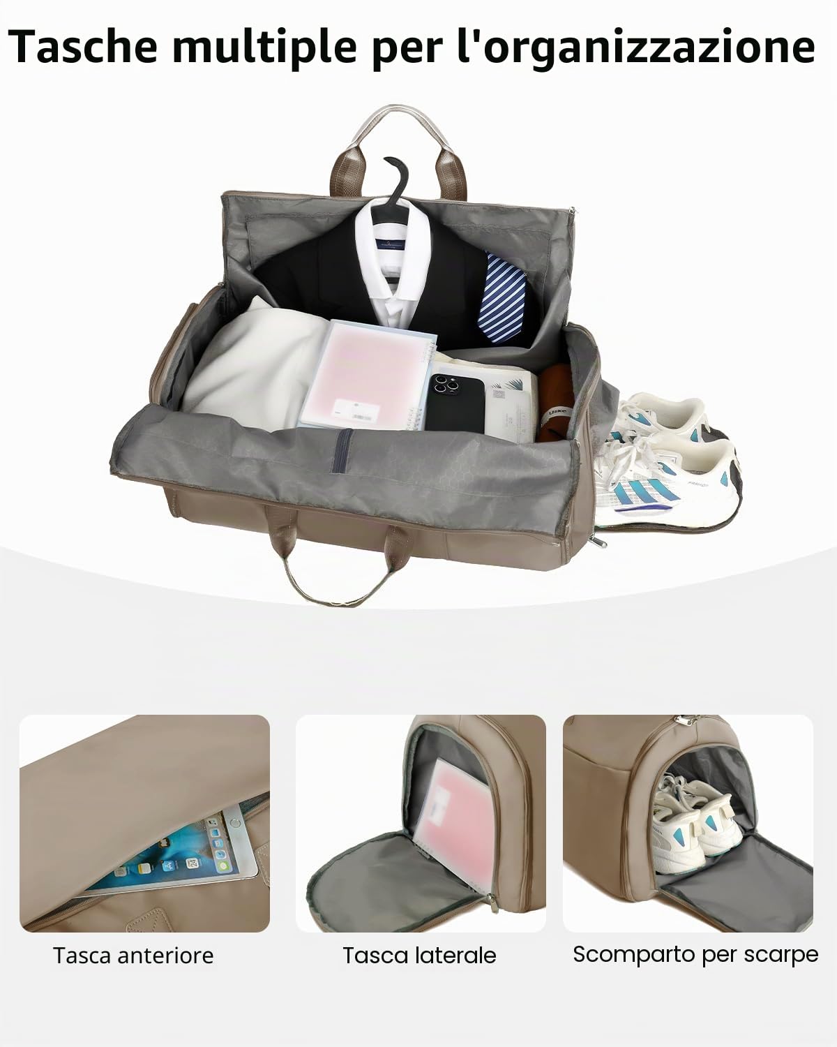 47L Borsa da Viaggio Pieghevole Uomo Donna, Borsa Porta Abiti Grande con Scomparto per Scarpe, Borse Sportivo Multitasche con Tracolla per Fine Settimana, Cachi