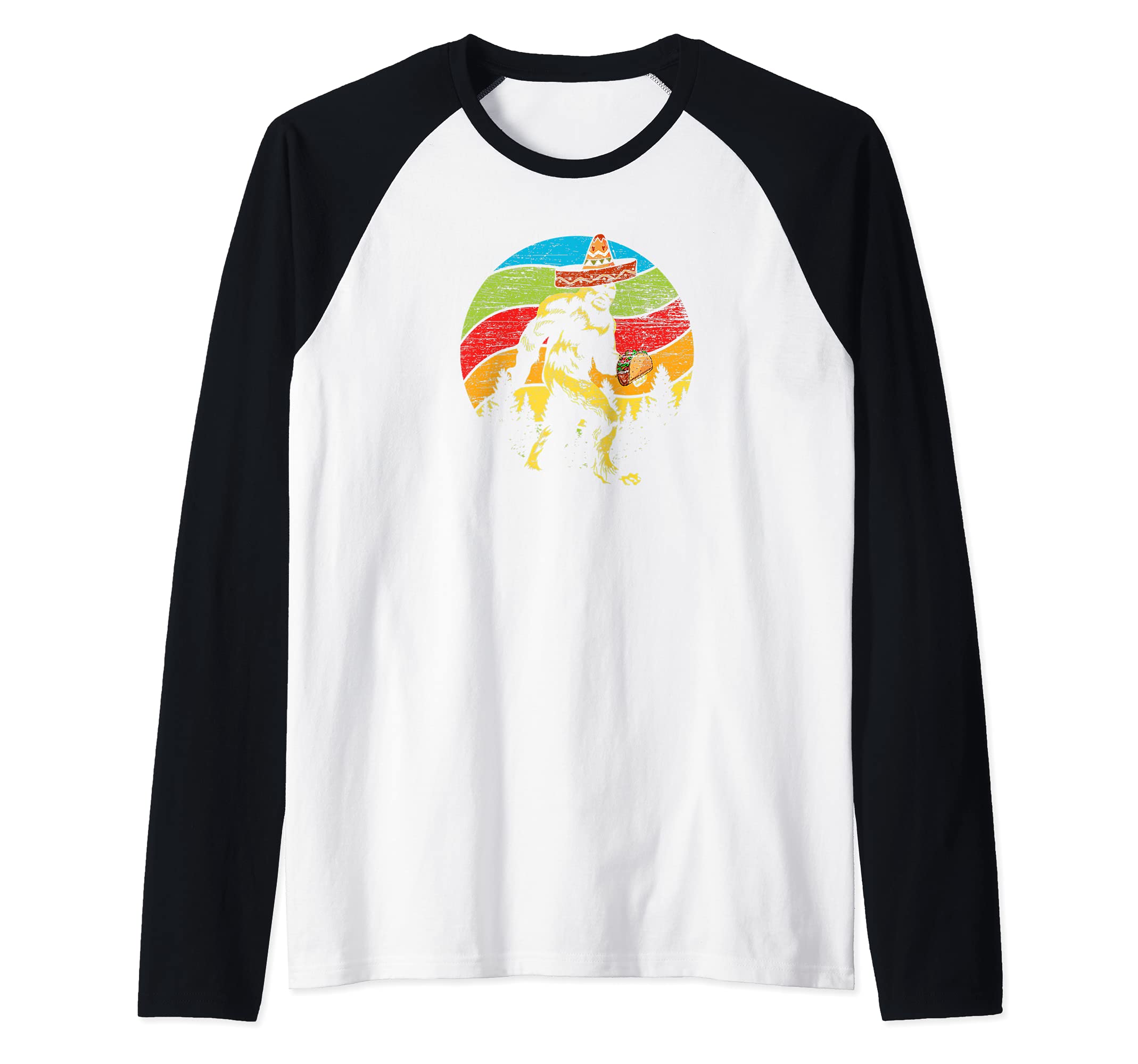 Retro Conspiracy Sasquatch Sombrero Yeti Mexico Taco Bigfoot Raglan Baseball Tee, Black