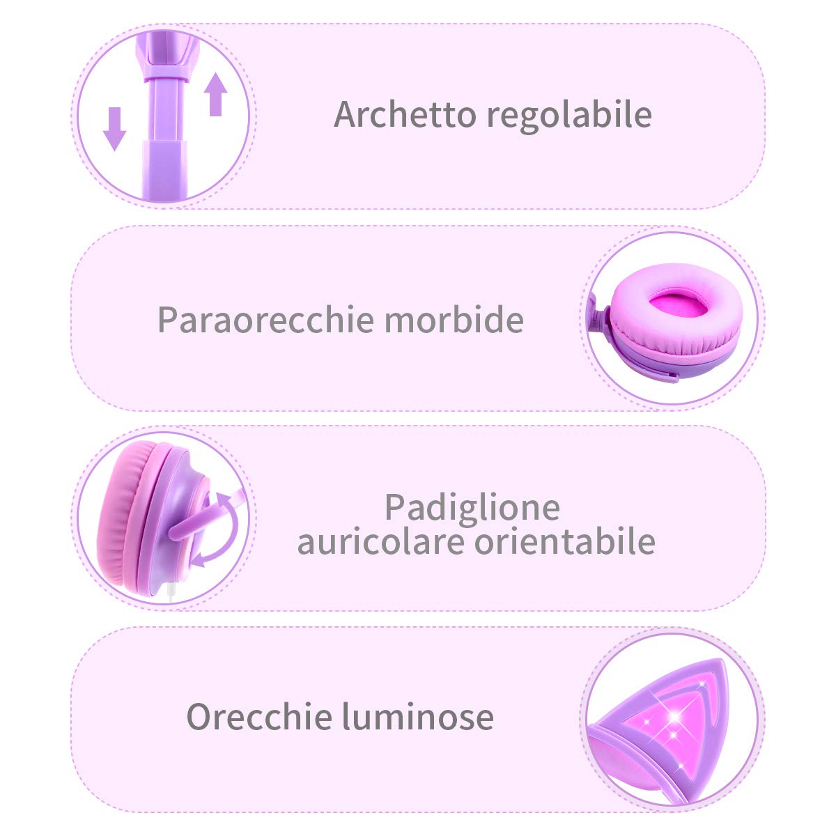 sunvito Cuffie per Bambini, Orecchio sopra con orecchie di gatto incandescente a LED, Cuffie Bambina Pieghevoli Cablate, 85dB Volume, cuffie gatto per ragazzo (Rosa2)