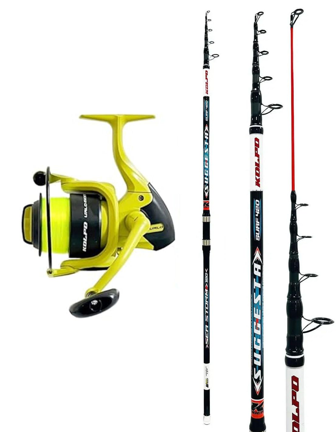 Kolpo kit surfcasting offerta canna 130 gr con mulinello e filo per la pesca in mare e lago fodo con piombo