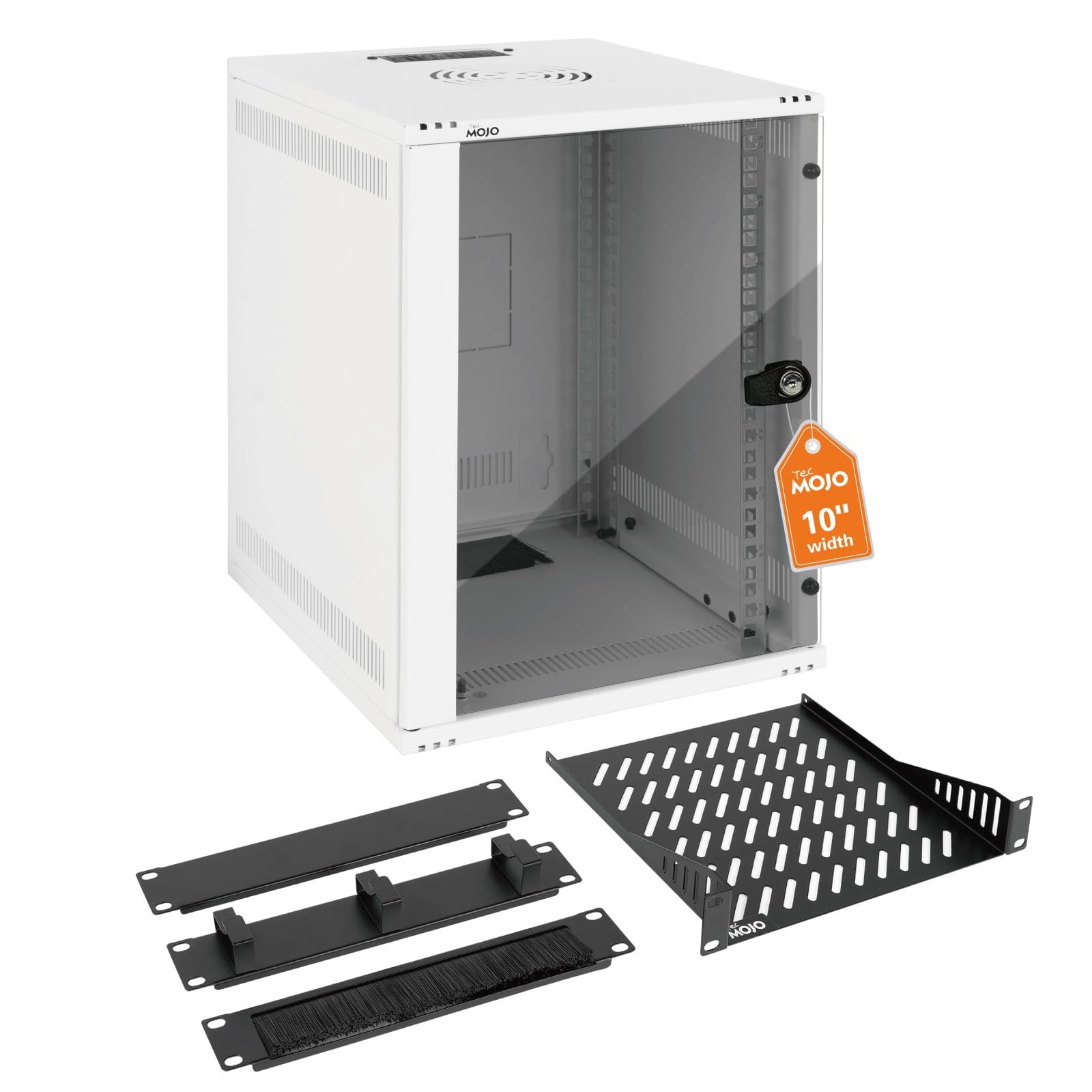 Tecmojo 10 Pulgadas 9U Gabinete de Red, 330mm de Profundidad, con Estante para Rack, Paneles de Cepillos, Organizador de Cables, 50kg, Puerta de Cristal, Blanco