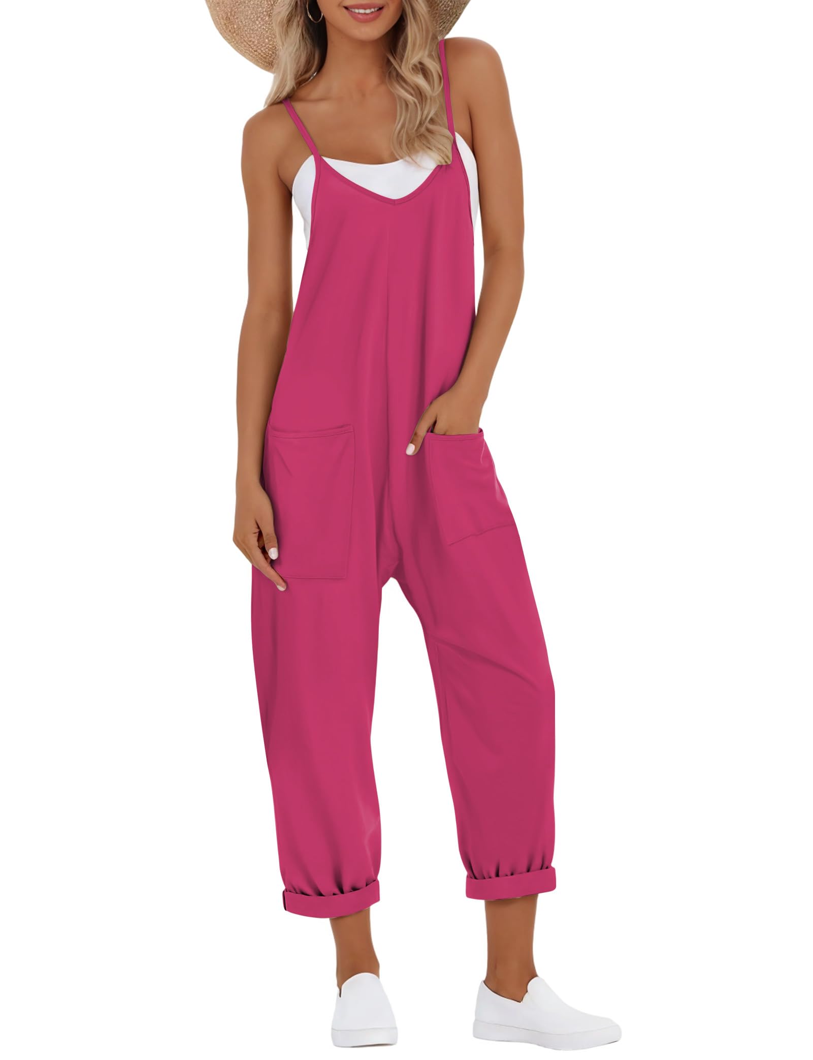 Buauty Jumpsuits for Women Casual V Neck Sleeveless Baggy Overalls Spaghetti Strap Jumpers with Pockets Summer Romper Clothes