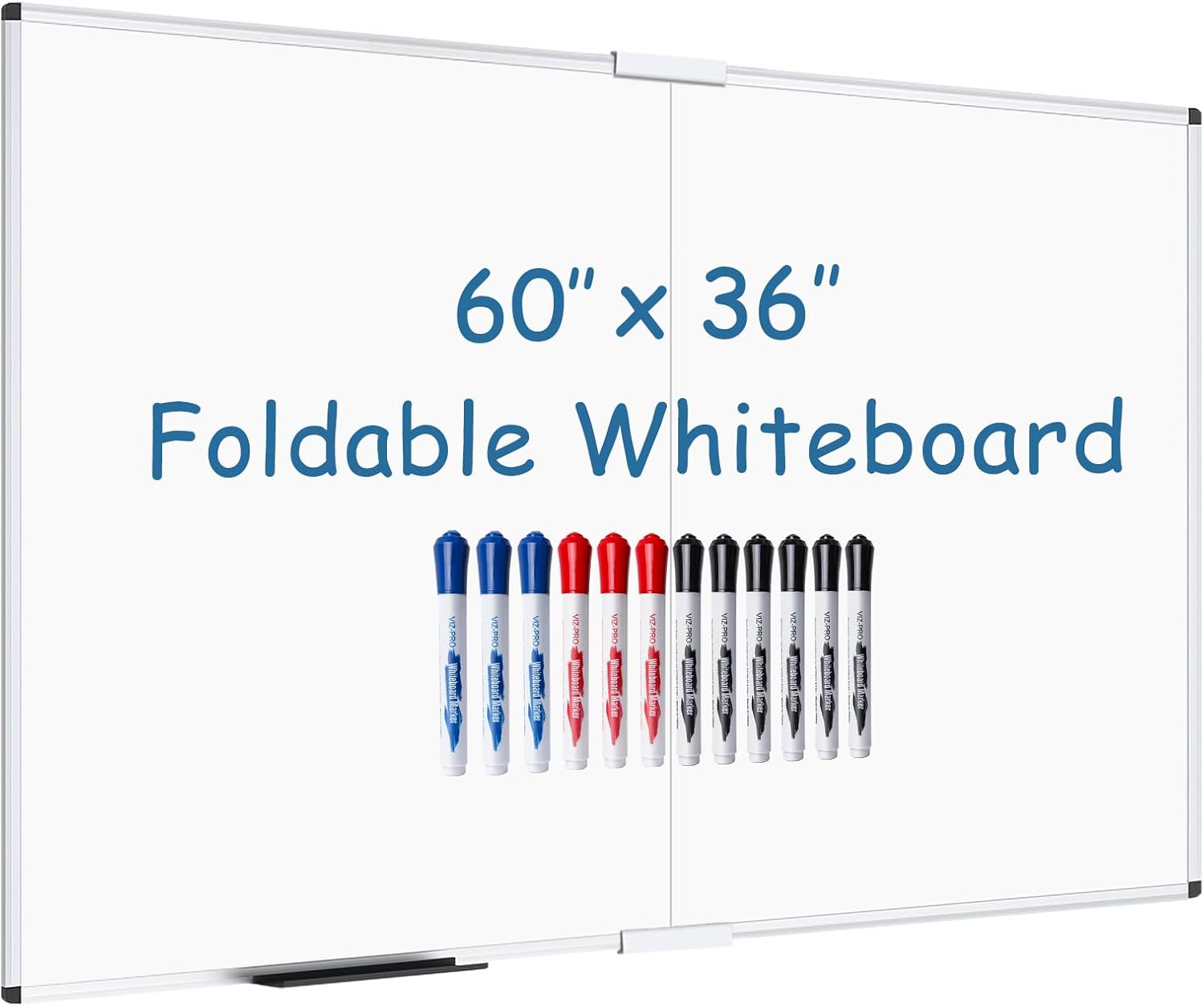 VIZ-PRO Large Dry Erase White Board/Magnetic Foldable Whiteboard, 60 X 36 Inches, Silver Aluminium Frame, with 12-Count Markers