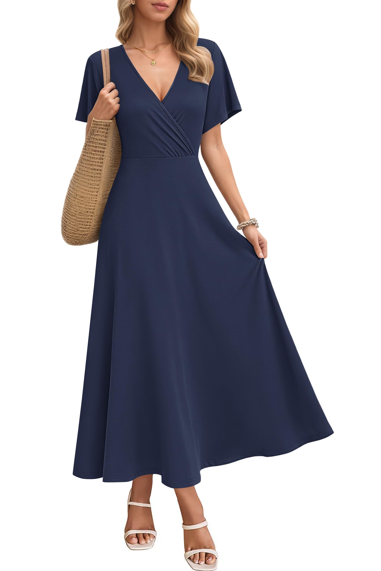 AUSELILY Maxikleider Damen Sommer Kleid Lässig Hohe Taille Lockere Passform Mit Taschen