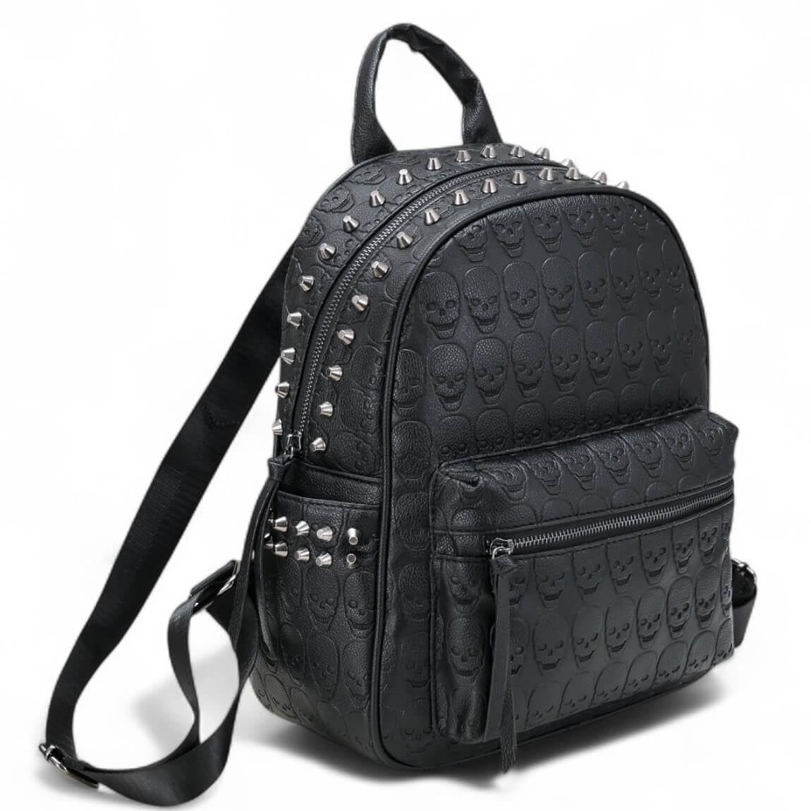 Ro Rox Zaino teschio borchiato - Zaino gotico in similpelle nera, borsa punk