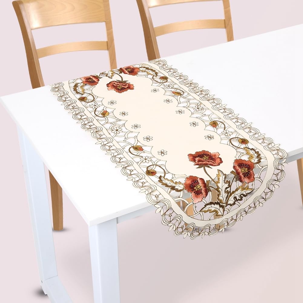 Heaveant Camino de Mesa, Mantel Estilo Europeo Rojo Floral Elegante, Cubierta de Mesa Flor Hueco Bordado, Decoracion Mesa Comedor Tapete Mesa (Oval)