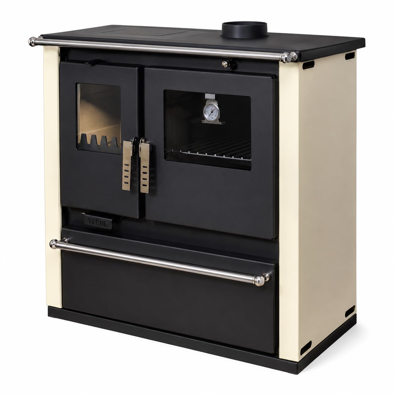 Verso CS Plus Stufa a legna con forno, 7,7 kW, 82,2% di alta efficienza, corpo in acciaio robusto extra grande, piano cottura in metallo e termometro, riscaldamento per camino da 135-165 m³, canna