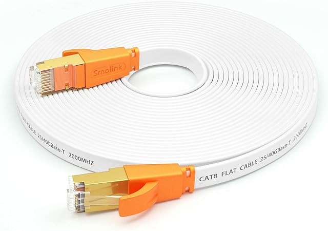 Cat 8 Ethernet Cable 20 Ft,High Speed Flat Internet Network LAN Cable,Faster Than Cat7/Cat6/Cat5 Network,Durable Patch Cord with Gold Plated RJ45 Connector for Xbox,PS4,Router, Modem,Gaming,Hub-White