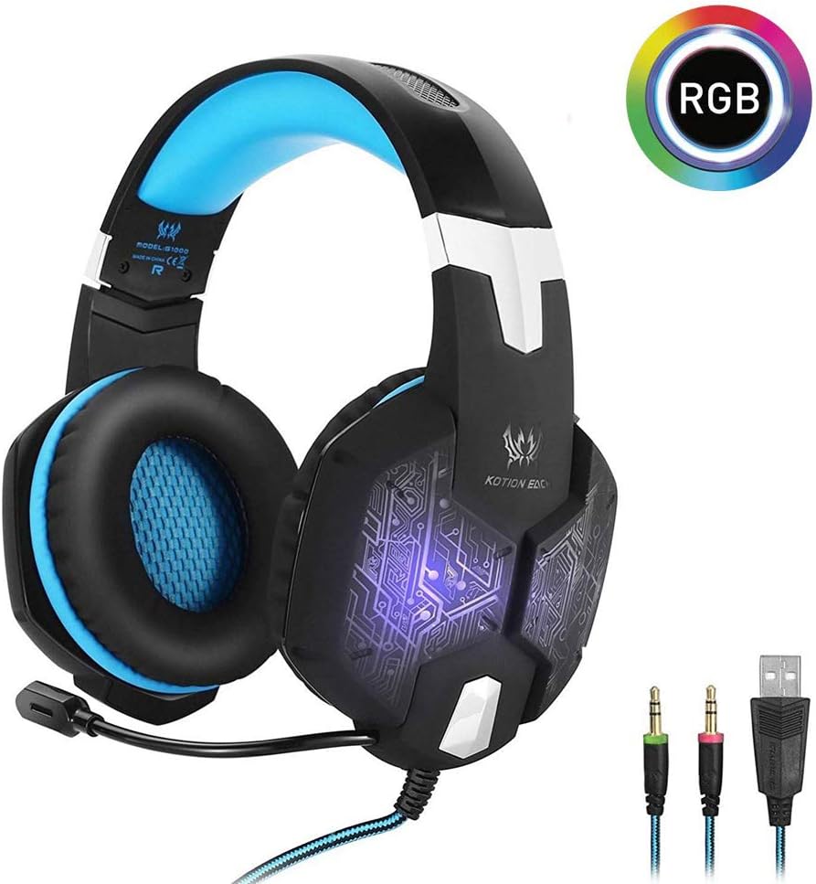 Kotion Each G1000 Gaming Headphones with Mic and RGB Changeable LED Lights (Black/Blue)