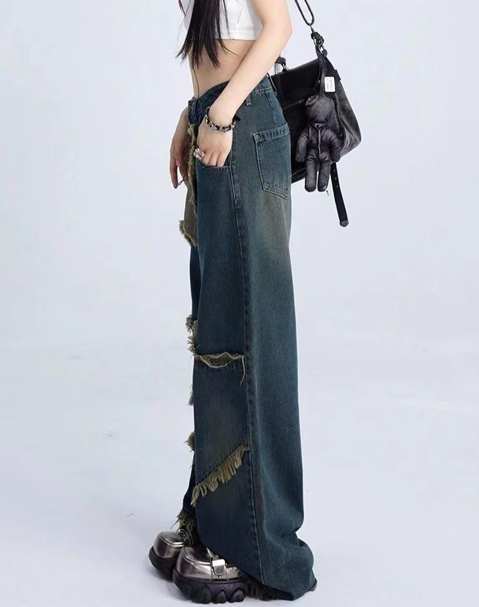 Kisswow Women's High Waist Straight Leg Jeans Cargo Pants Slant Pocket Denim Pants Girls Fashion