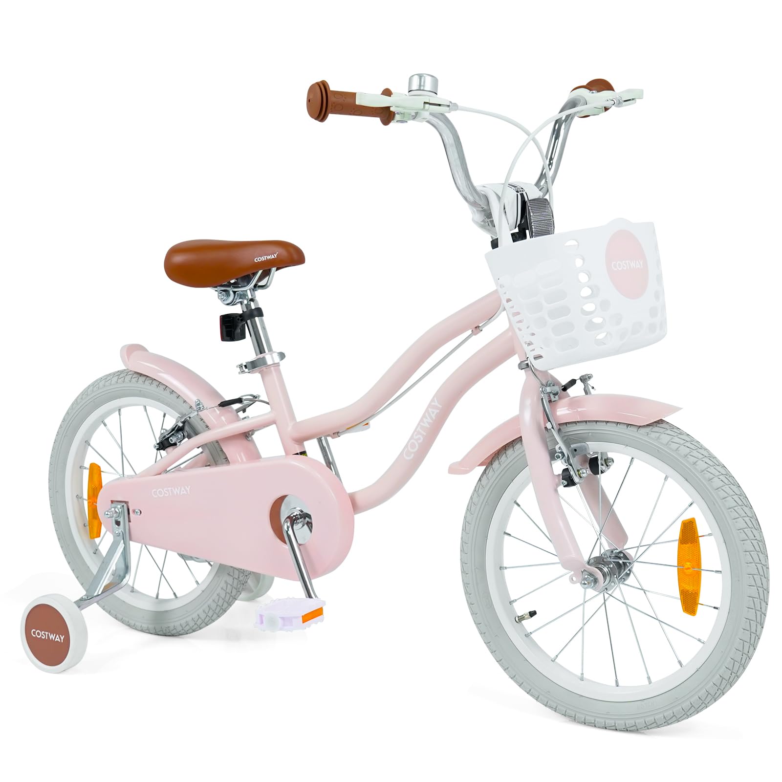 COSTWAY Kinderfahrrad mit Korb & Klingel, 14/16 Zoll Mädchenfahrrad mit höhenverstellbarem Sattel & Lenker, Fahrrad mit Doppelbremsen, abnehmbaren Stützrädern für 3-7 Jahren Mädchen