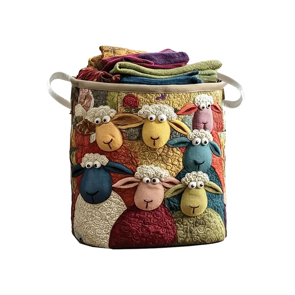 3D Cute Sheep Print Quilted Laundry Basket Home Storage Hamper with Handles (KT34482A01,L) โ image 1