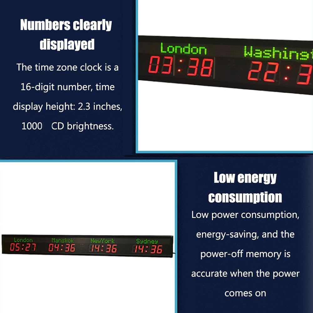 Orologio digitale grande per 4 città, telecomando, 5 livelli di luminosità, orologio da parete a LED per casa, ufficio, hotel, aeroporti