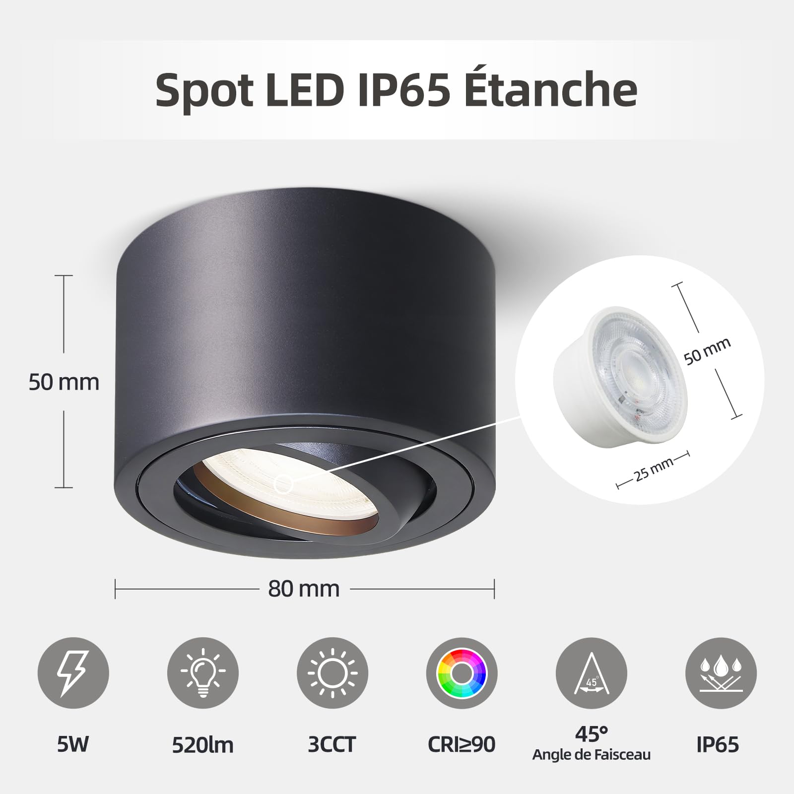 Spots LED Orientables 30° 5W 520LM 3 Couleurs IP65 Étanche Plafonnier Salle de Bain 230V IRC90+ Ø80x50mm