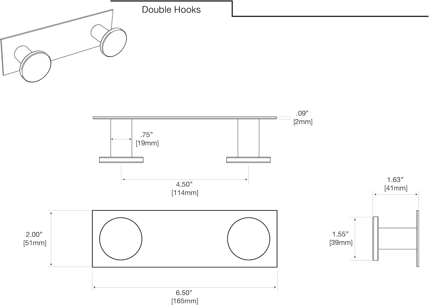 Matte Black Double Hook Wall Mount with Rectangular Base