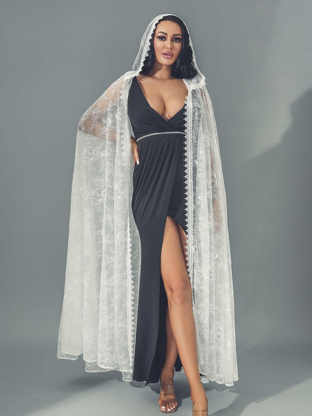 GORAIS Lace Hooded Cloak Long Womens Halloween Costumes Cape Full Length Sheer Cosplay Cloaks Robe