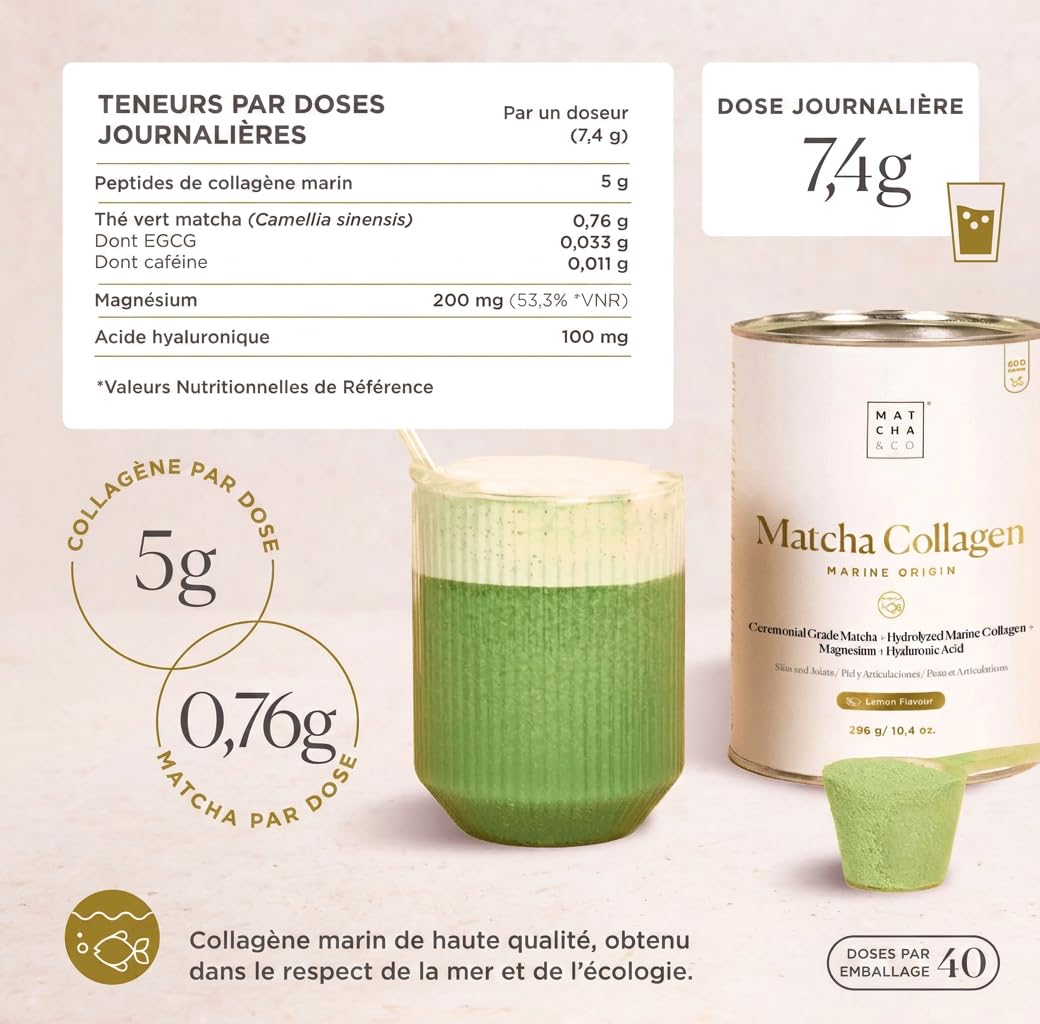 Matcha Collagène Marin en Poudre avec Magnésium et Acide Hyaluronique – Saveur Matcha Citron – Pour Articulations, Peau et Ongles – 296 g
