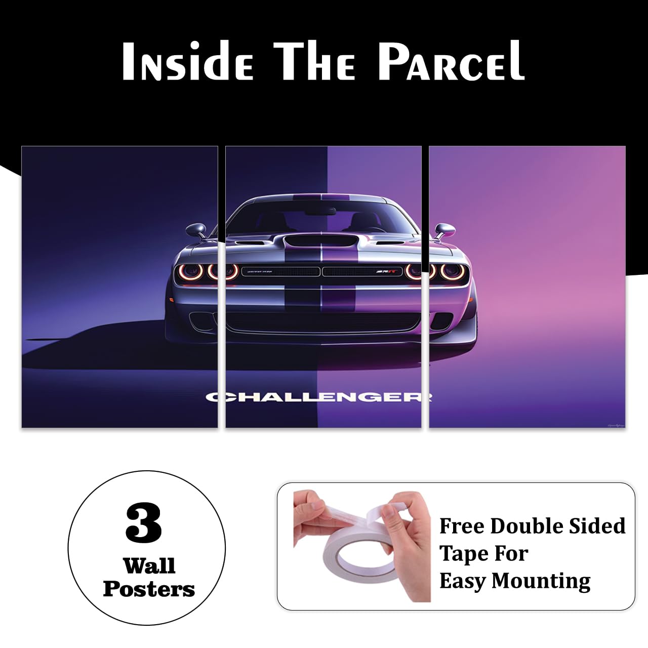 FUSION CITY Dodge Challenger Car Split Wall Poster Set of 3 (36x18