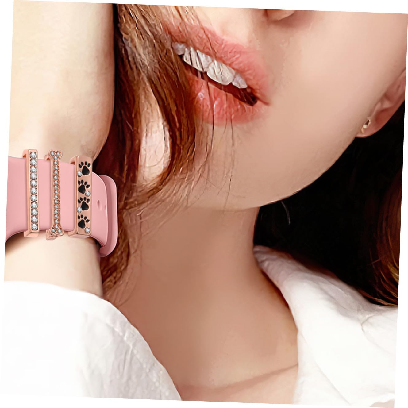 POPETPOP Lot de 10 Breloques Décoratives Rose Gold pour Bracelet de Montre Connectée, Accessoires Anneaux pour Bracelets Compatibles Silicone, Clous Décoratifs Strass, Présent Personnalisé