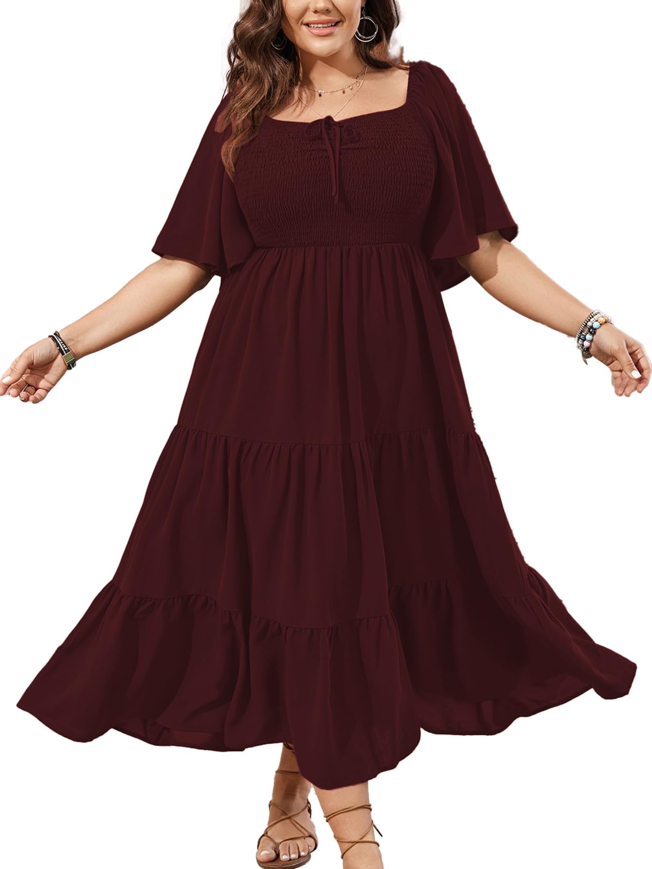 SCOMCHIC Robe longue fluide à manches courtes et col carré pour femme
