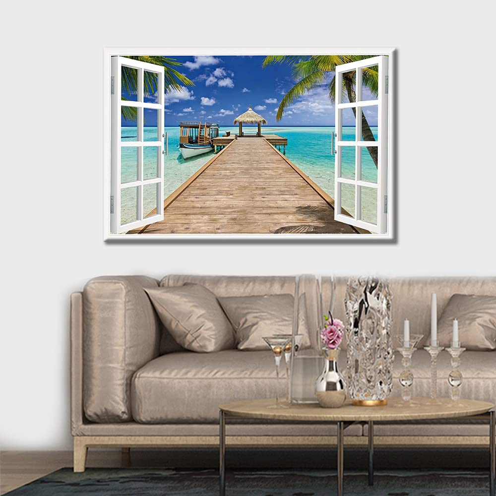 TISHIRON 3D Window Effect Seaside Coconut Tree Canvas Wall Art for Living Room Family Wall Decor Hang Pictures Wall Paintings Kitchen Office Canvas Art Prints Home Decor 16x24inch - Image 3