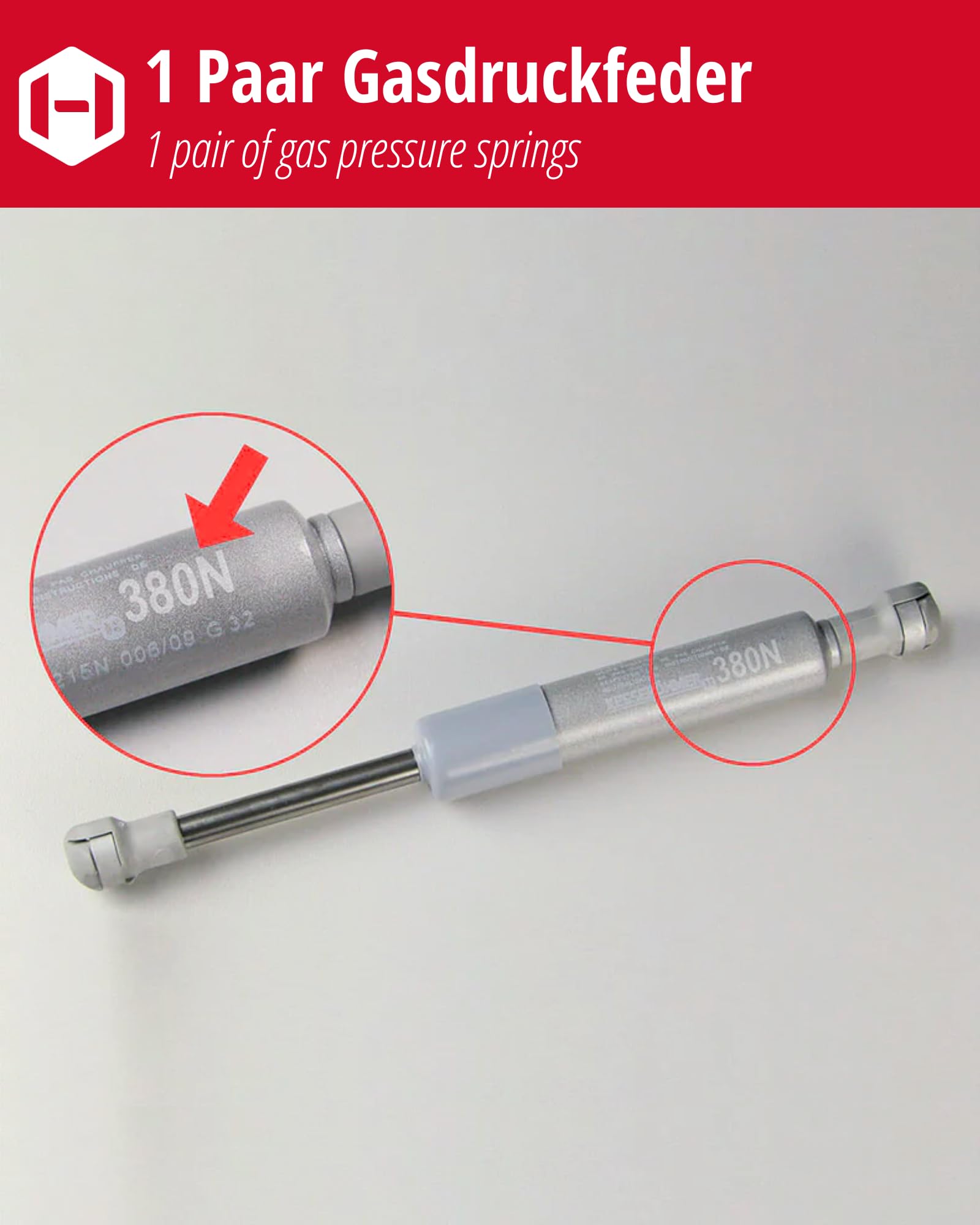 Gedotec 2x ressort à gaz 380N - Amortisseur à gaz Kesseböhmer pour ferrure pivotante HSB - Amortisseur pour volet, porte d'armoire et armoire de cuisine, ressort de compression avec notice