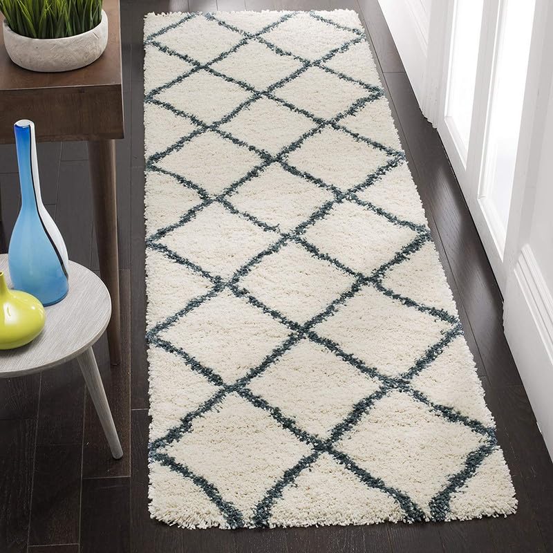 Image of F R Creation Polyester Shaggy Bedside Runner, Soft Indoor Modern Shaggy, Soft Rugs for- Living Room, Dinning Room, Office, Bedroom & Hallway Carpet Rugs (1.5X4 Feet Ivory Blue Box)