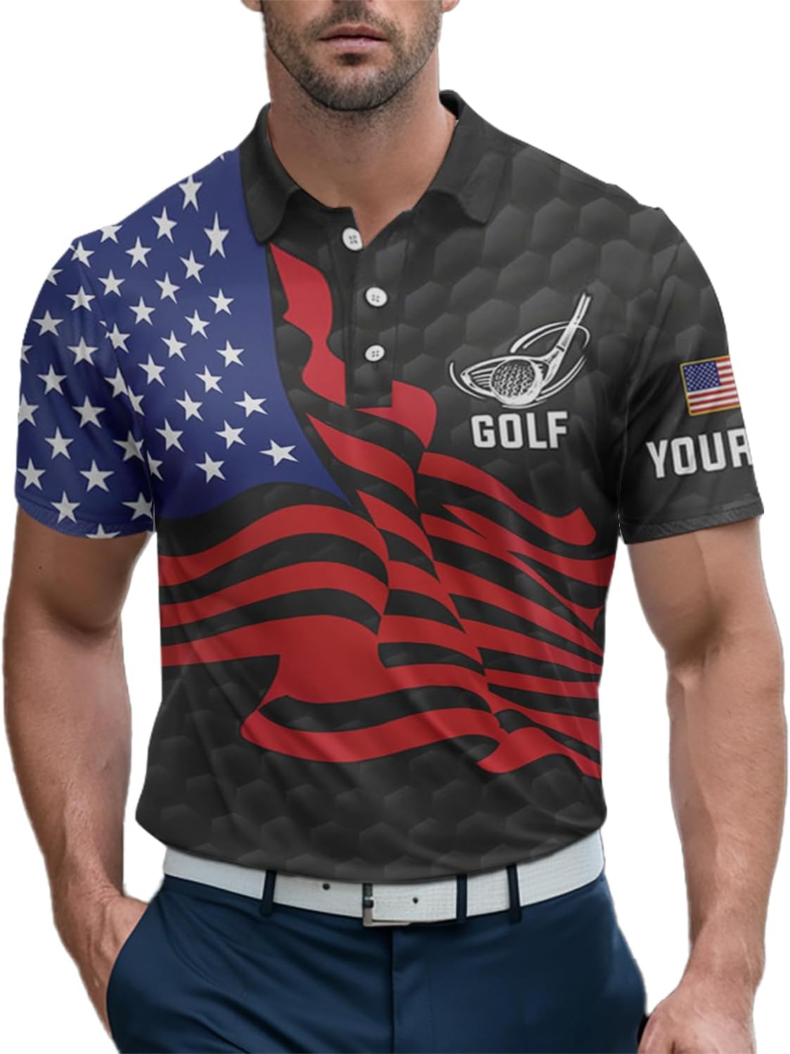 Personalized American Flag Golf Polo Shirt for Men and Women - Custom Patriotic Black Golf Wear Performance Golf Polo Shirt Personalized N7177
