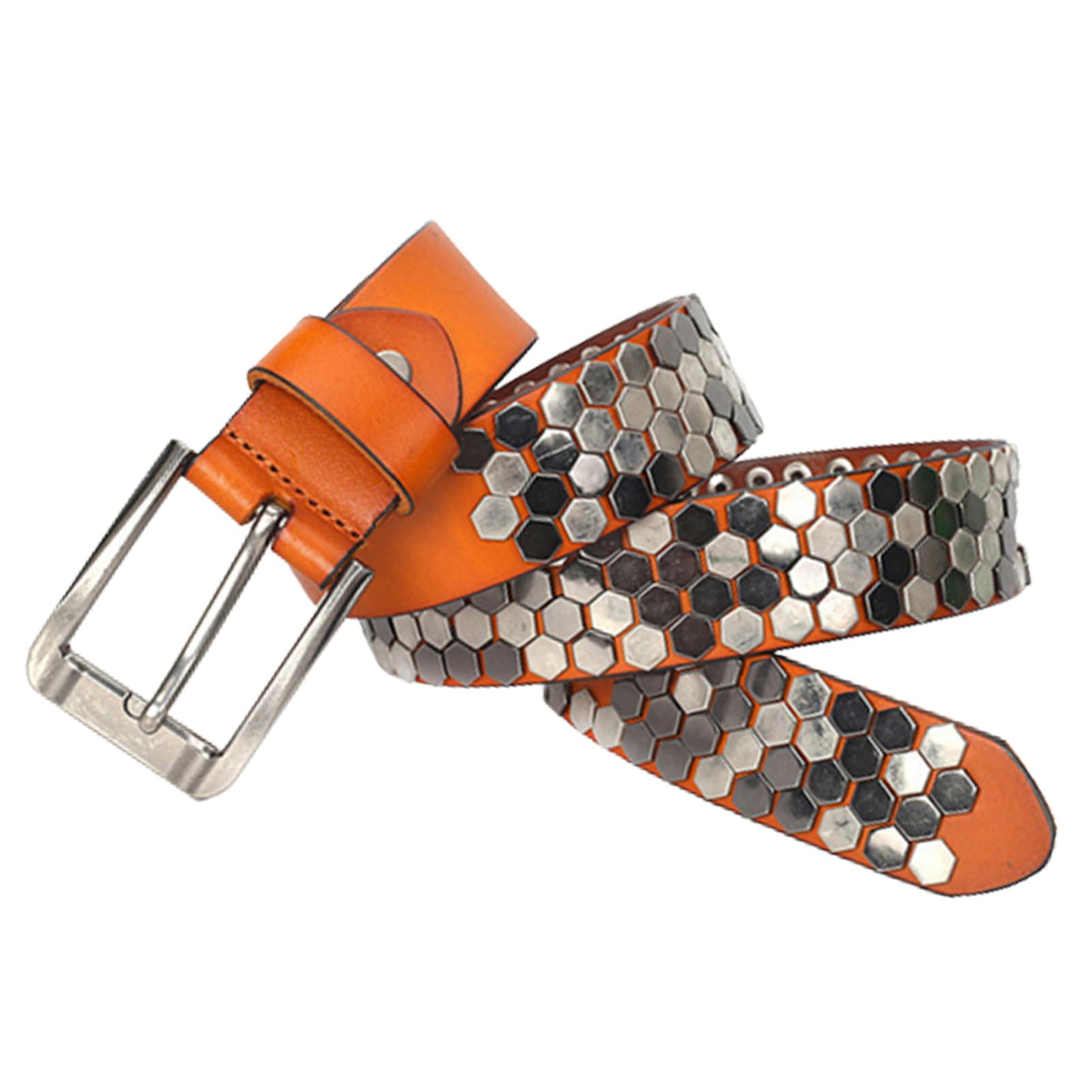 Ceinture en Cuir à Rivets Tendance Motif Clouté Style Punk Rock Boucle à Griffes Réglable Ceinture Décontractée(120cm/waist:41", Orange)