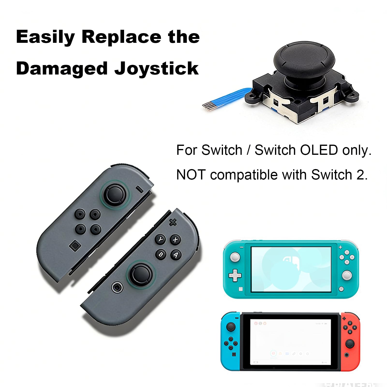 Analog Stick Replacement Kit Compatible with Switch Joy-Con / OLED / Lite - Left & Right 3D Joystick Repair Set with Screwdrivers & Thumb Caps - Fixes Drift & Broken Controllers(Not for NS2) — view 4