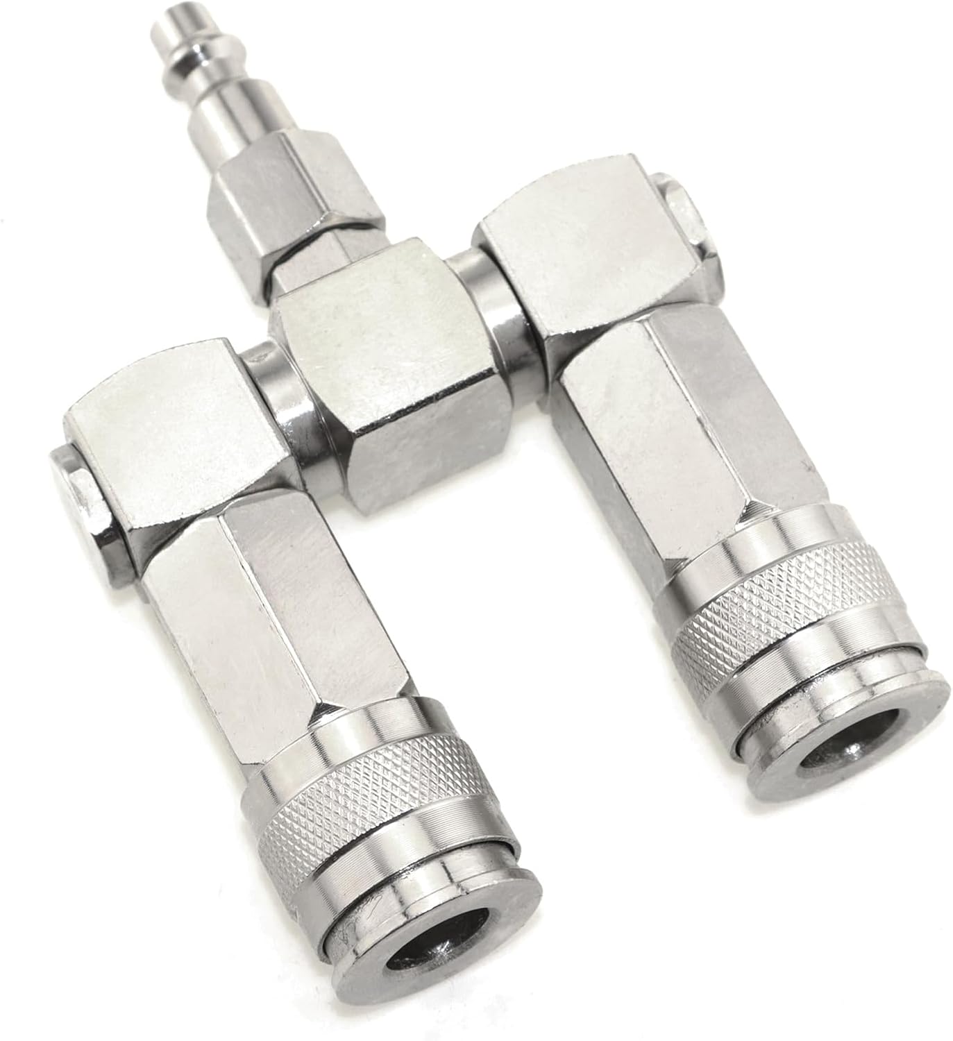 Stainless Steel 1/4 inch Air Hose Quick Connect Pneumatic 3 in 1 Dual Direction Air Hose Splitter Accessory 360-Degree Rotating Air Compressor 2 Way Coupling Universal Coupler