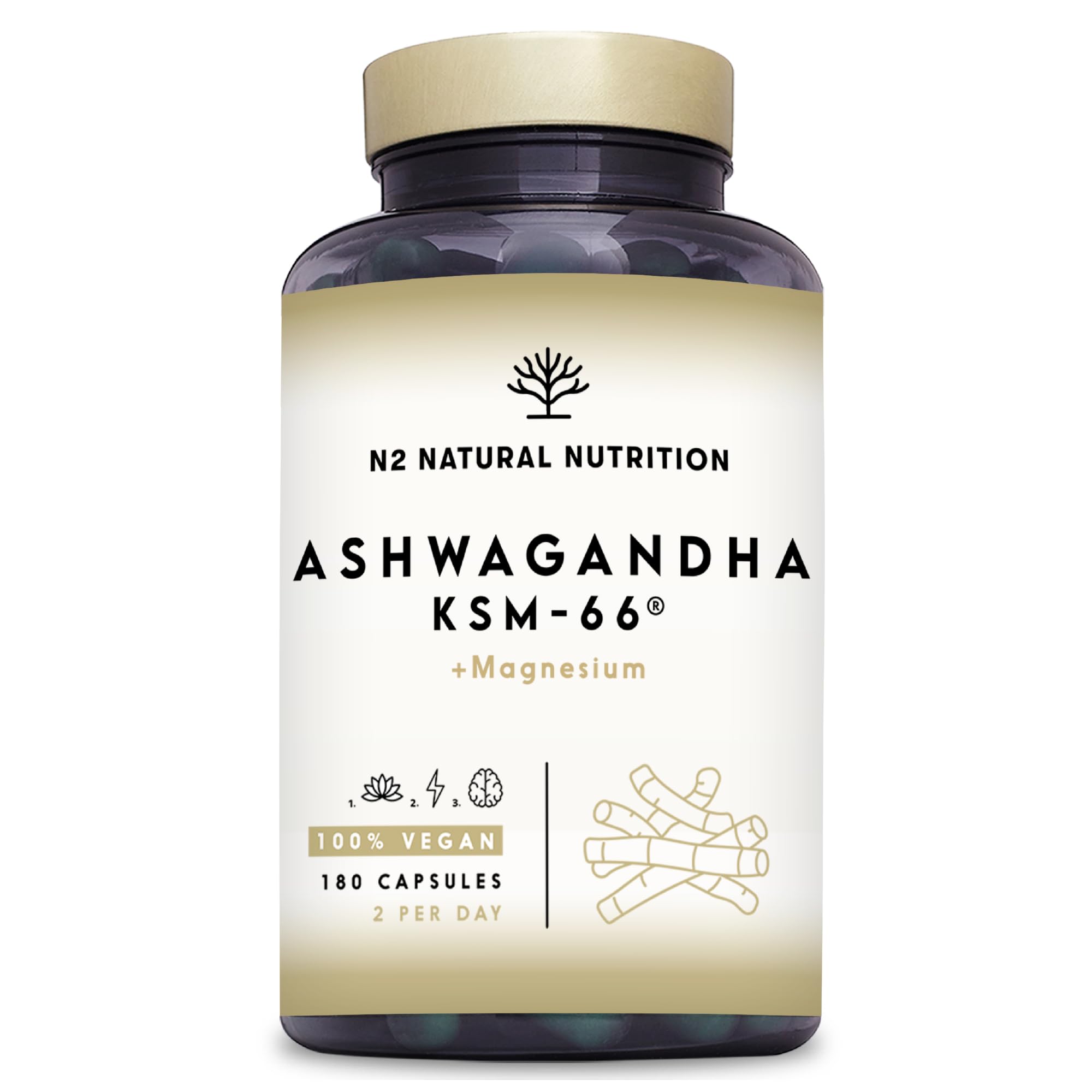 Ashwagandha KSM-66 + Magnésium. 7500 mg Extrait, 180 Gélules. Withanolides, Alcaloïdes, Flavonoïdes, Adaptogène Complet pour Sommeil, Humeur, Vitalité. N2 Natural Nutrition