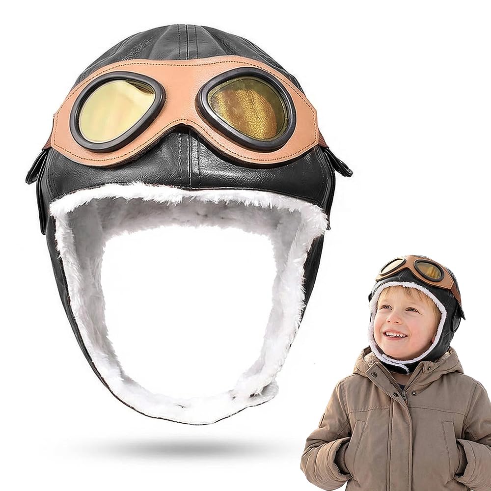 Vervora Kids Aviator Hat with Goggles, Faux Leather Fur Lined Winter Pilot Style Cap, Children’s Warm Dress-Up Accessory for Photos and Themed Outfits (Black Pilot)